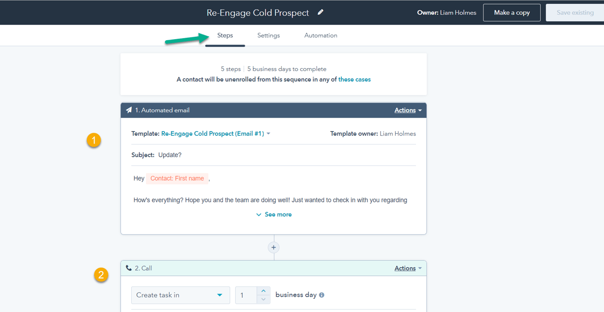 Create HubSpot Sequence reengage cold prospects  2nd Step