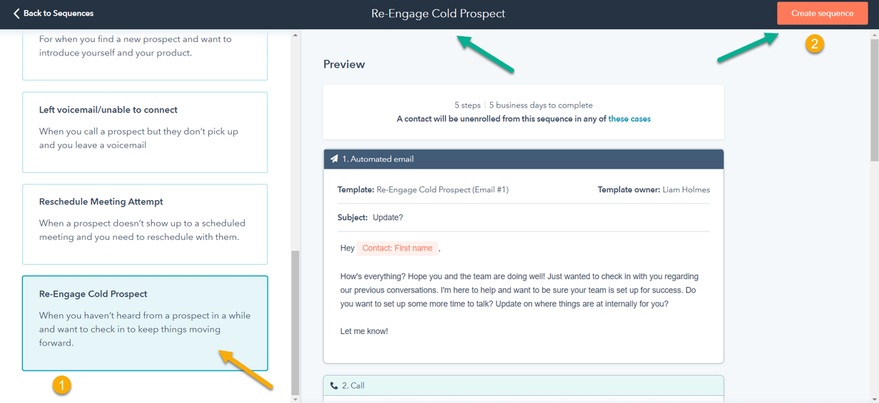 Create HubSpot Sequence reengage cold prospects