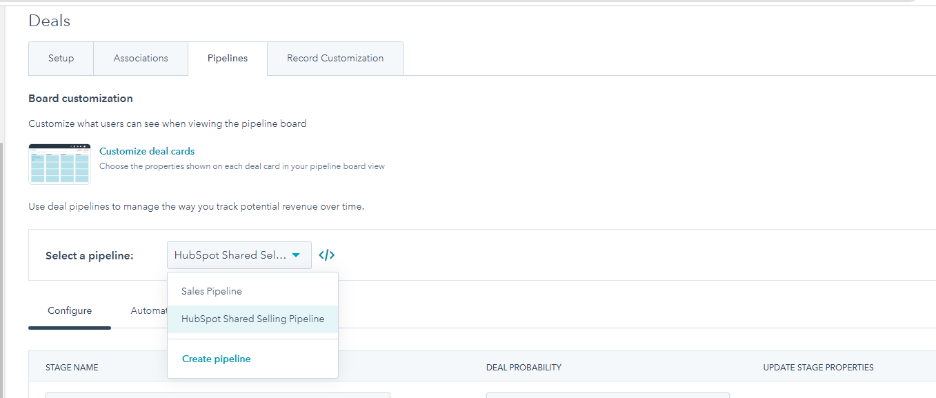 Deals Settings  Pipeline Select pipe 3-1