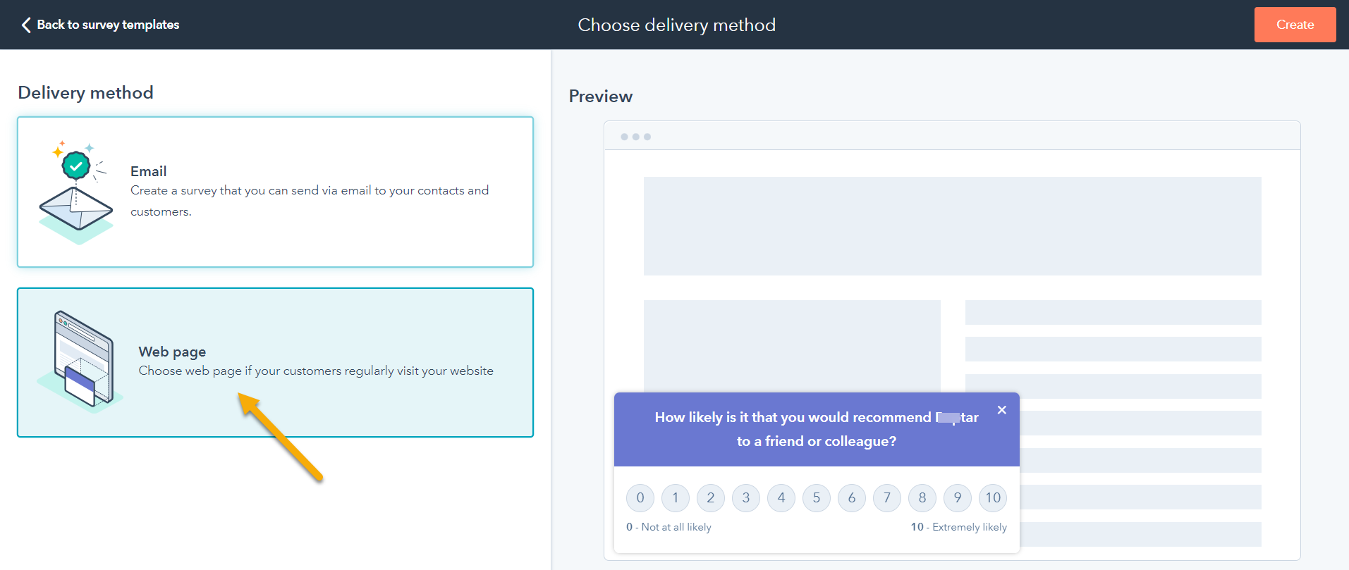 HHubSpot Feedback survey delivery method WEB page