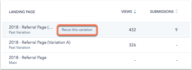 HubSpot AB landing page test variations