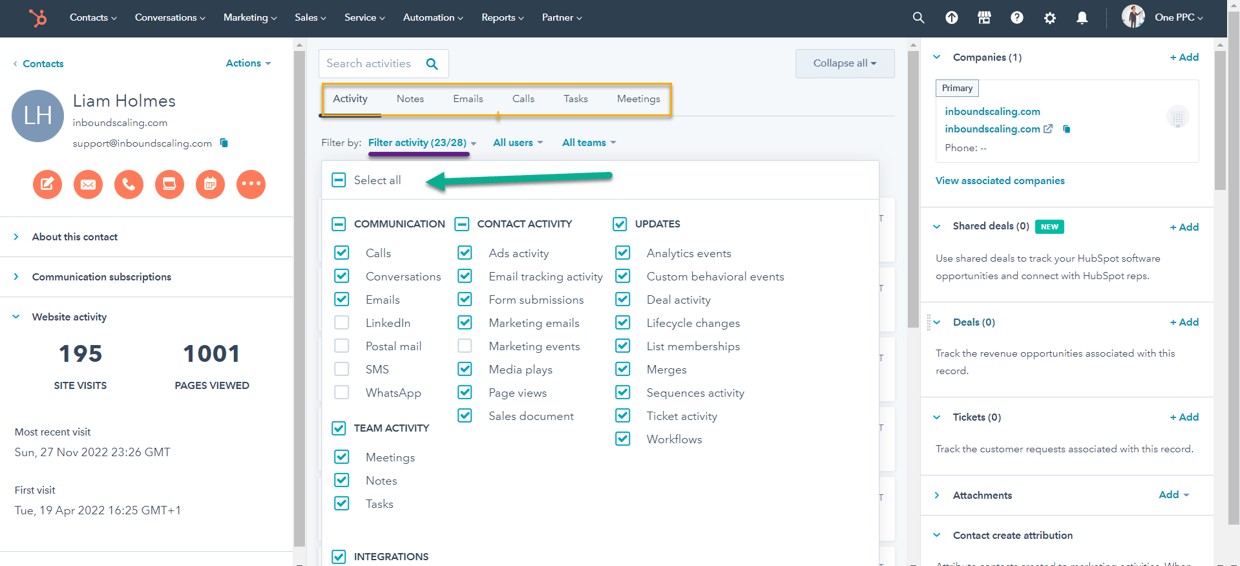 HubSpot Activities filter