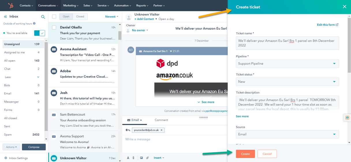 HubSpot CRM HUB Inbox Conversations