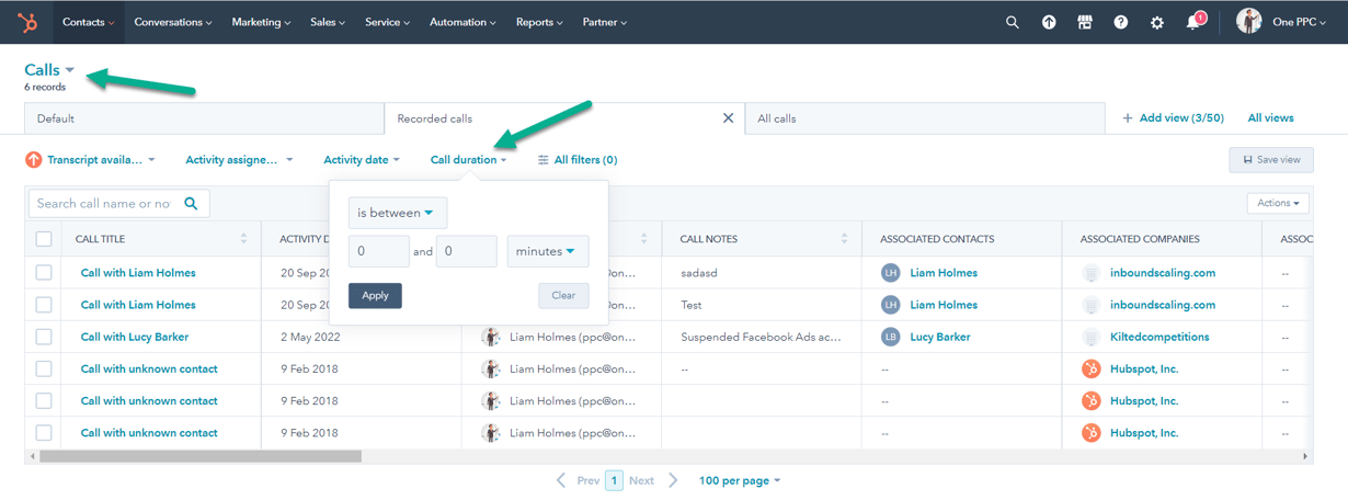 HubSpot Calls call duration