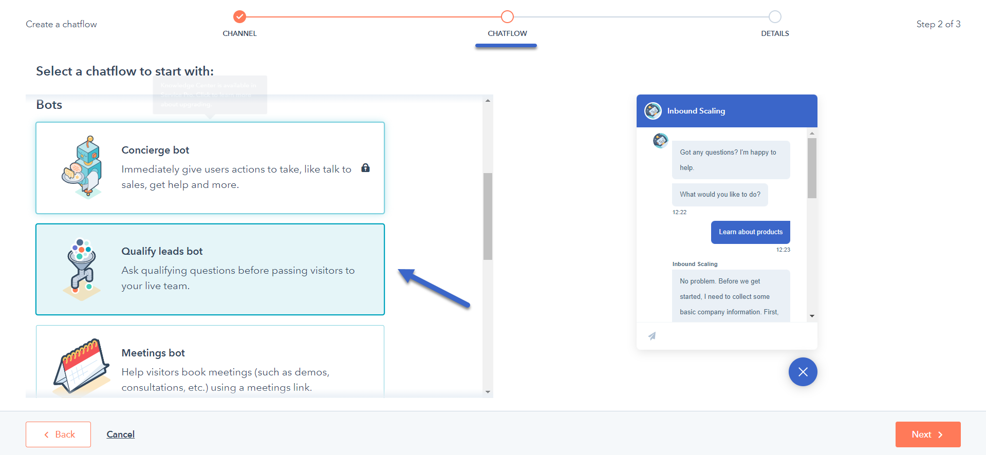 HubSpot Chatflow qualify lead bot text