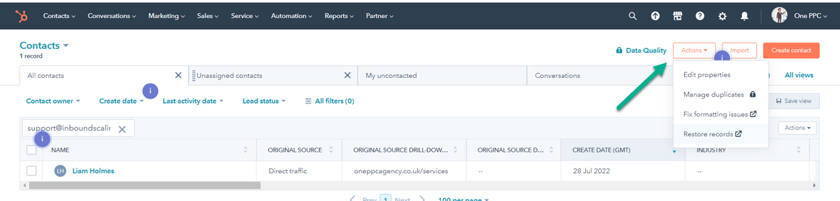 HubSpot Contacts Index Page Actions