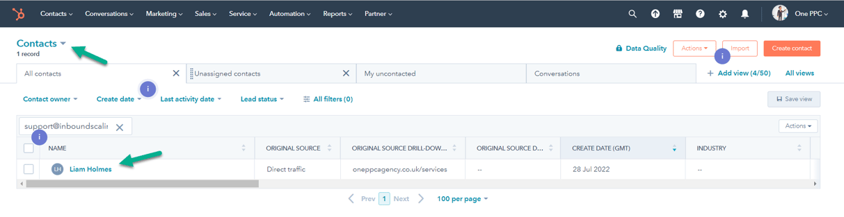 HubSpot Contacts Index Page