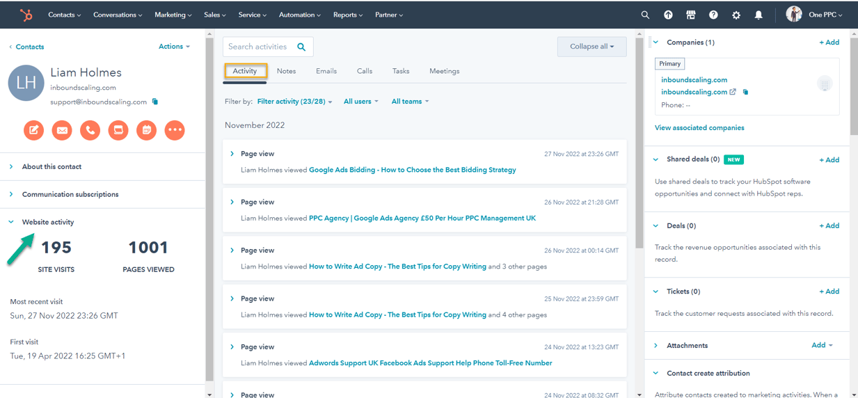 HubSpot Contacts website activity 2