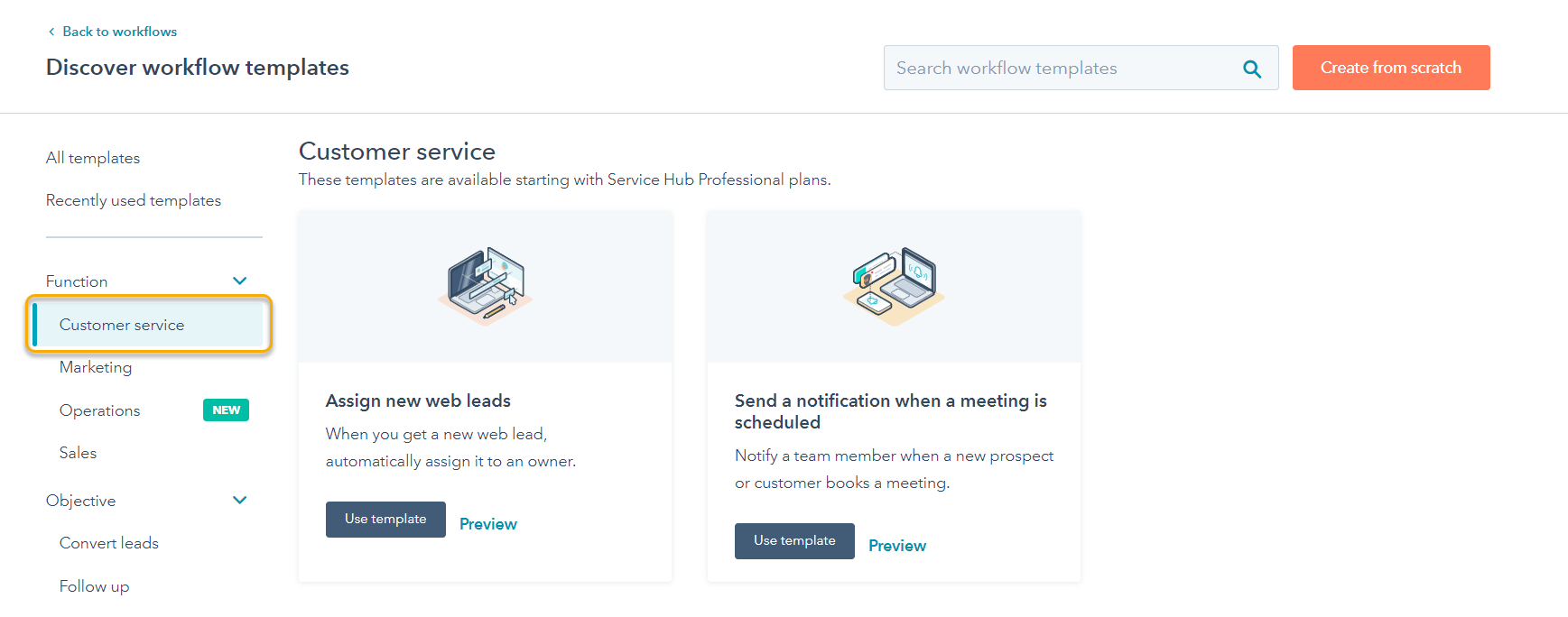 HubSpot Customer services Workflows Templates
