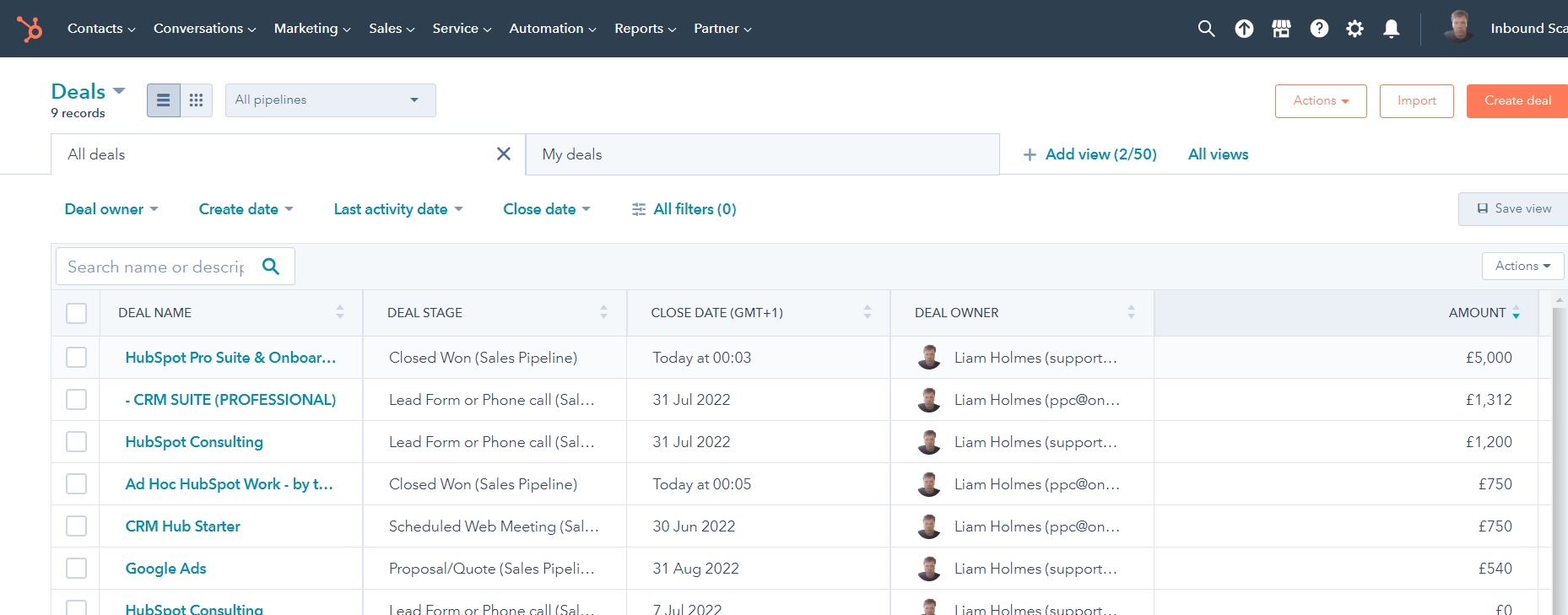 HubSpot Deals Index Page List