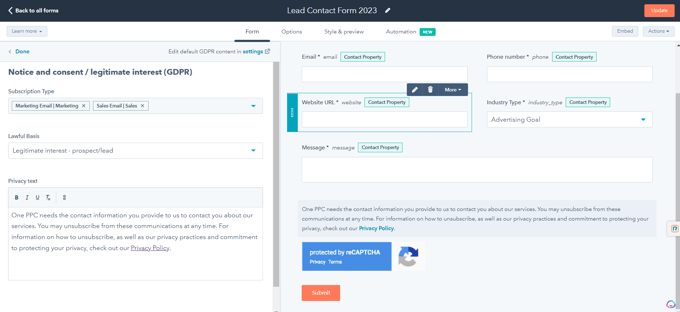 HubSpot Forms Subscription Type lawful basis