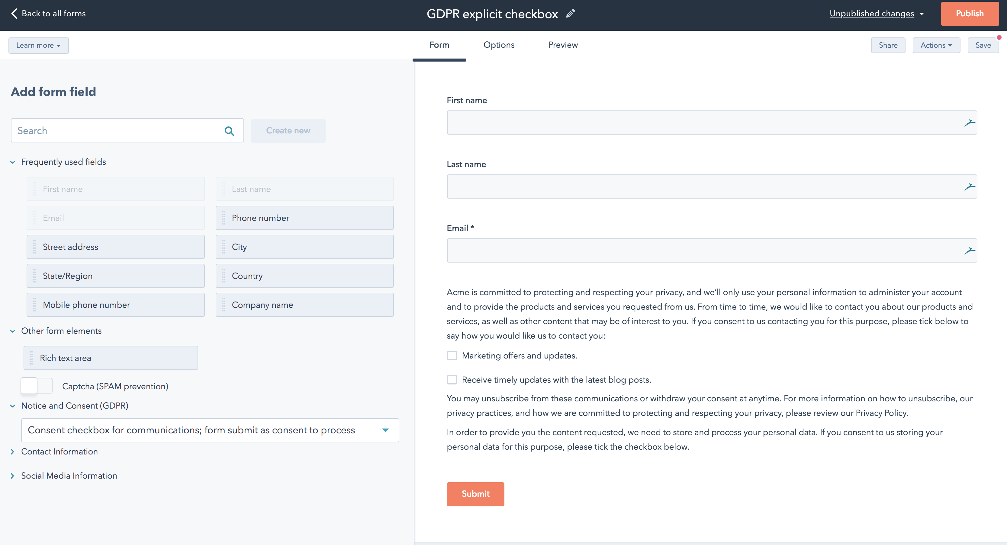 HubSpot GDPR consent checkbox