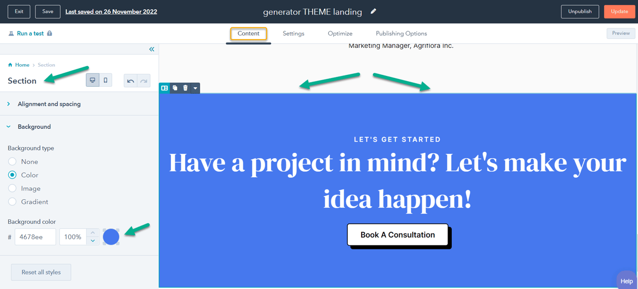 HubSpot Landing Page Sections Editor