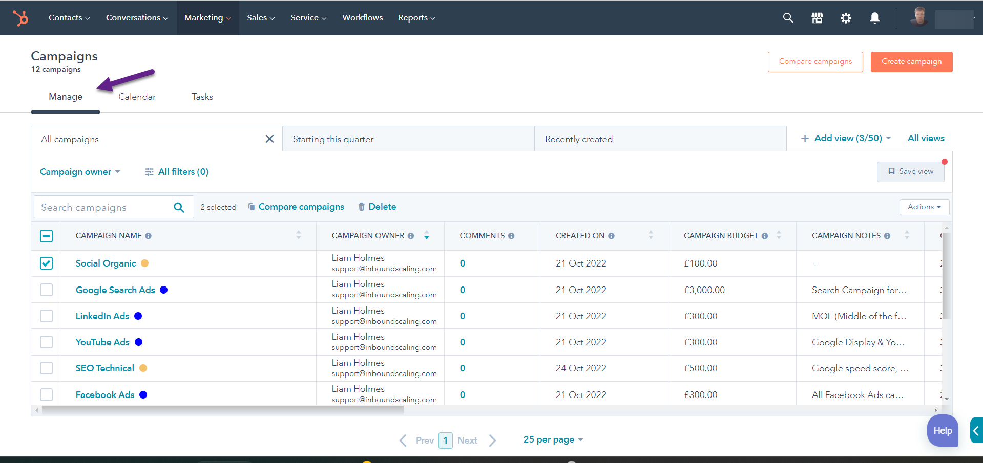 HubSpot Marketing Hub Campaigns