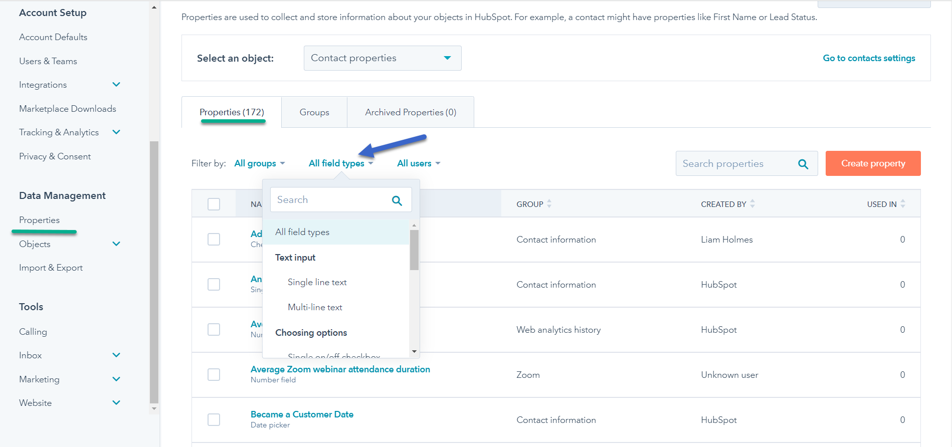 HubSpot Property Field Types