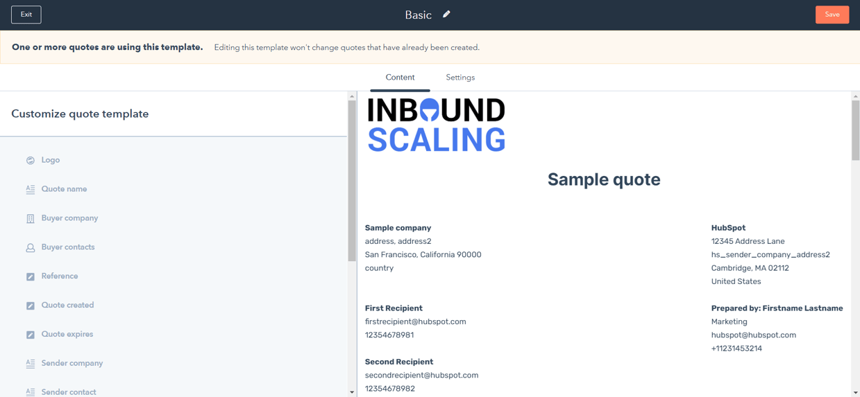HubSpot Quote Edit Template