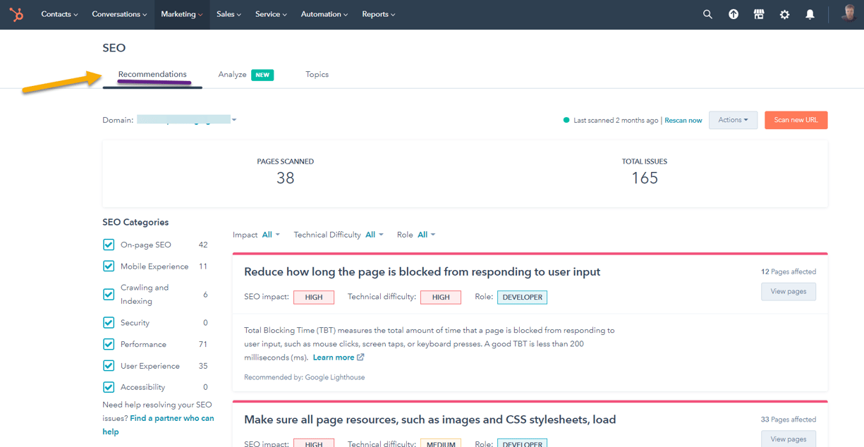 HubSpot SEO Recommendations TeXT