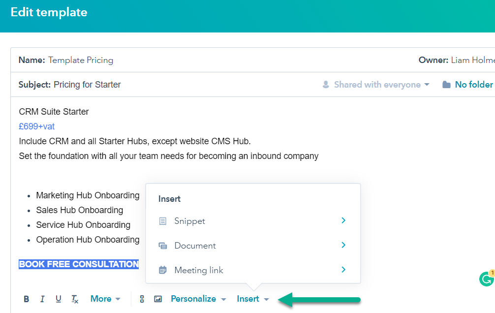 HubSpot Sales Templates Insert