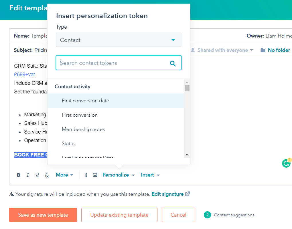 HubSpot Sales Templates Personalisation Token Property 4