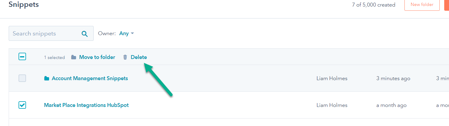 HubSpot Snippets 5 delete