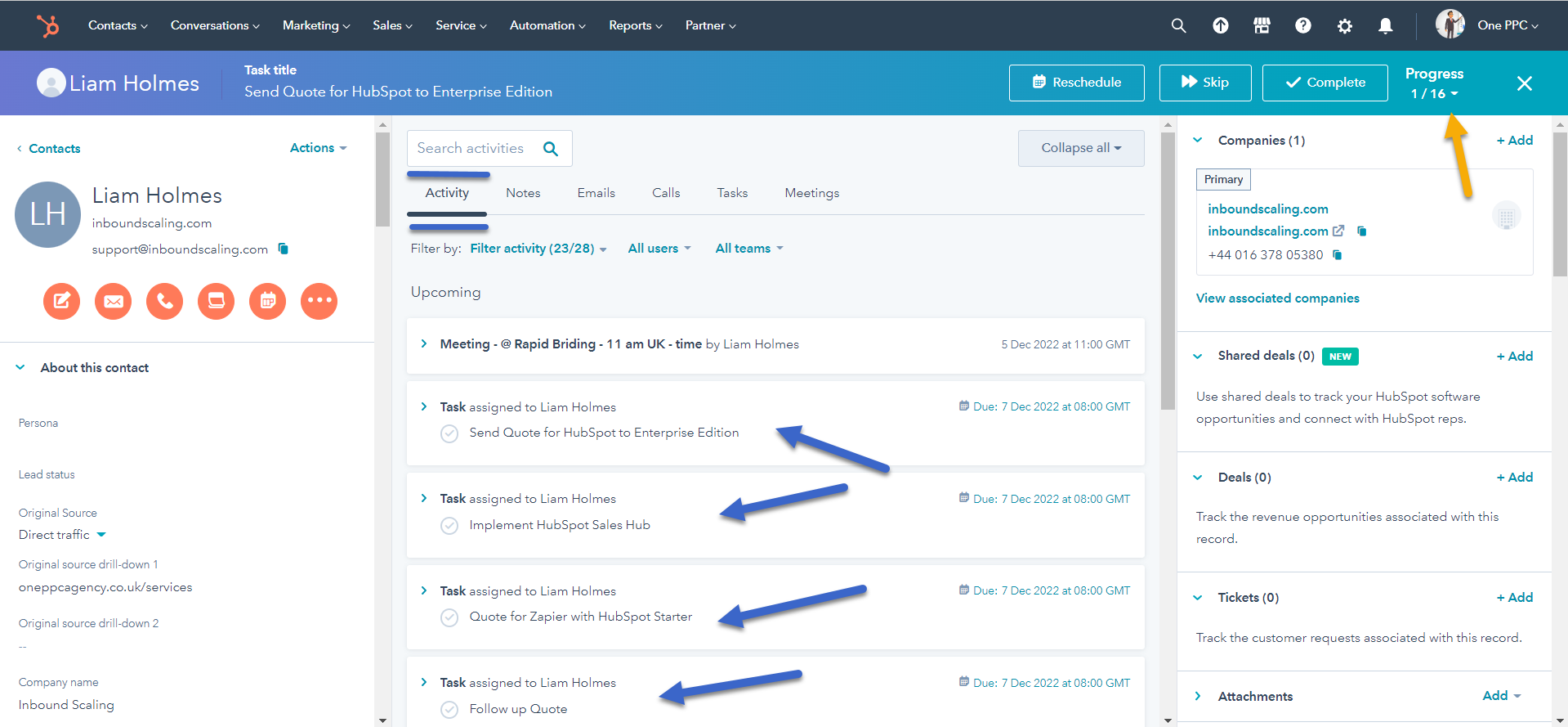 HubSpot Tasks Contact Record