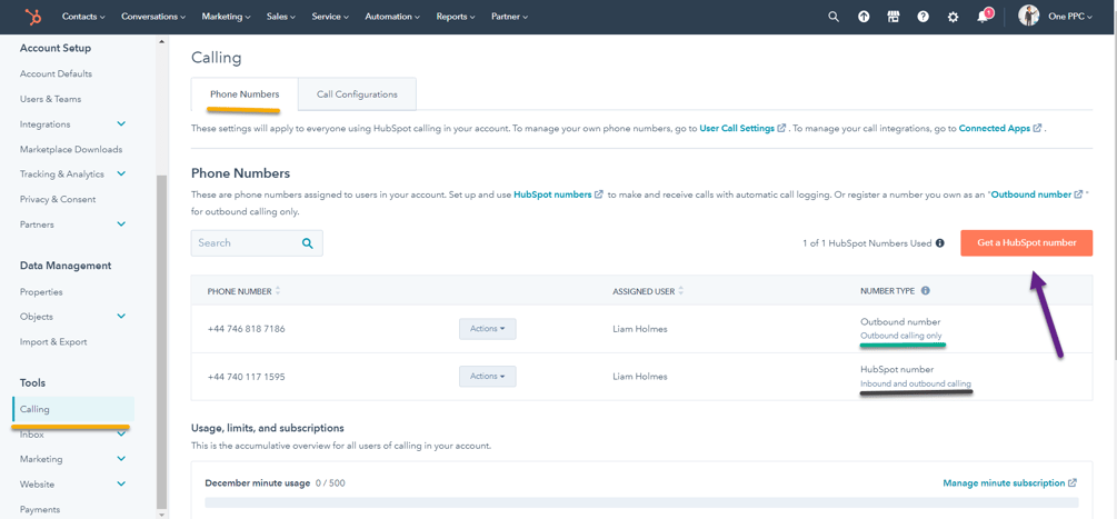 HubSpot calling Settings