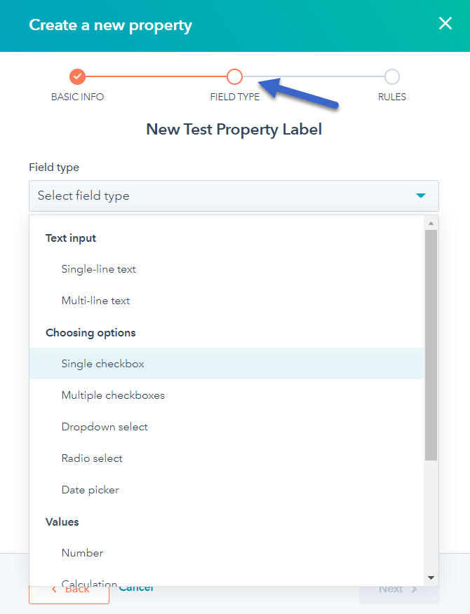 HubSpot property field Type Drop down