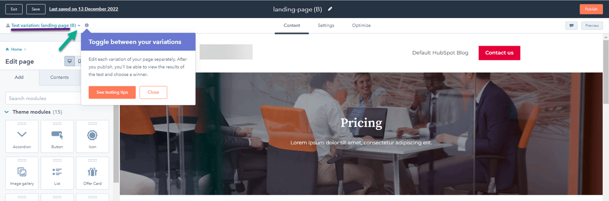Test Variations HubSpot Landing Page