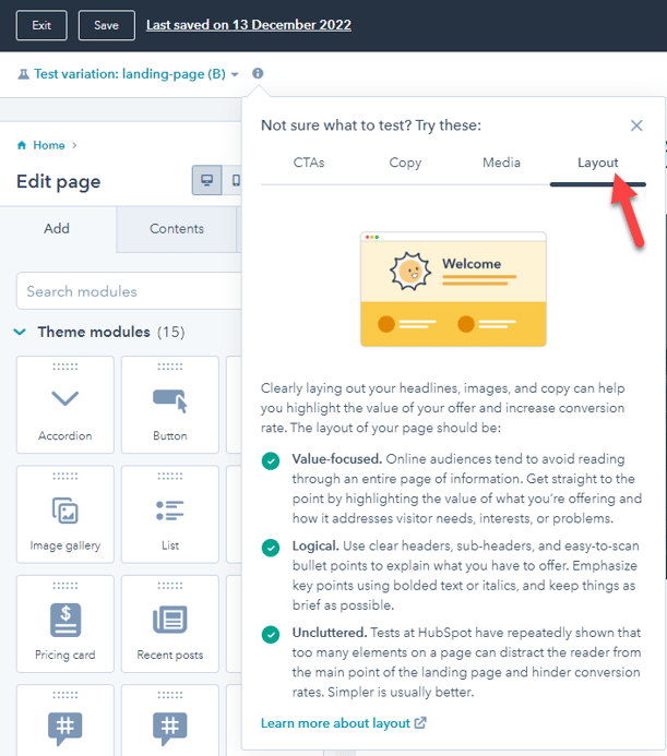 Test Variations LAYOUT AB HubSpot