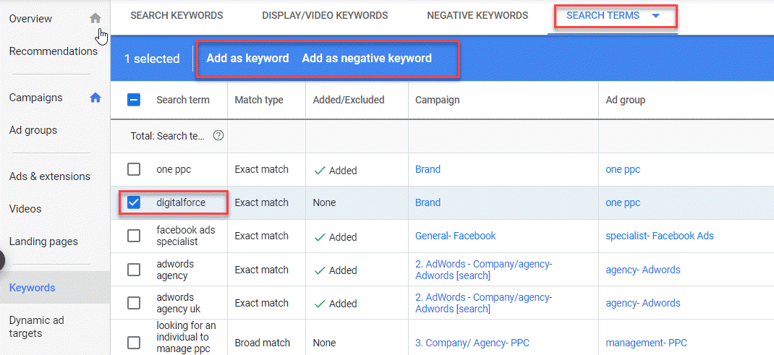 add keywords from Search Terms Report